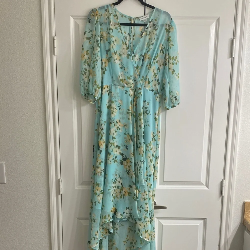Calvin Klein Aqua Floral High Low Dress - Picture 1 of 5